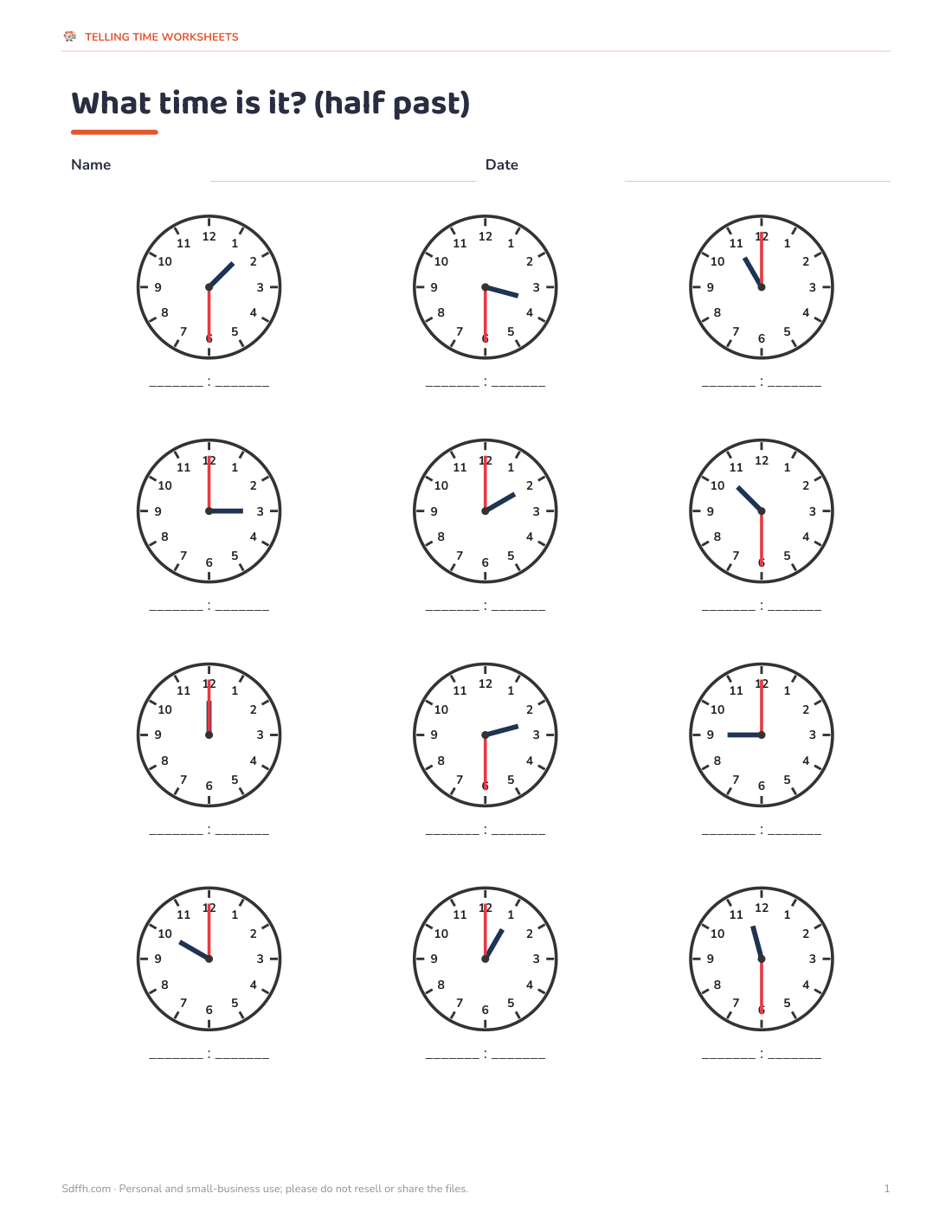 Preview of the first page of Read the clock: Half Past