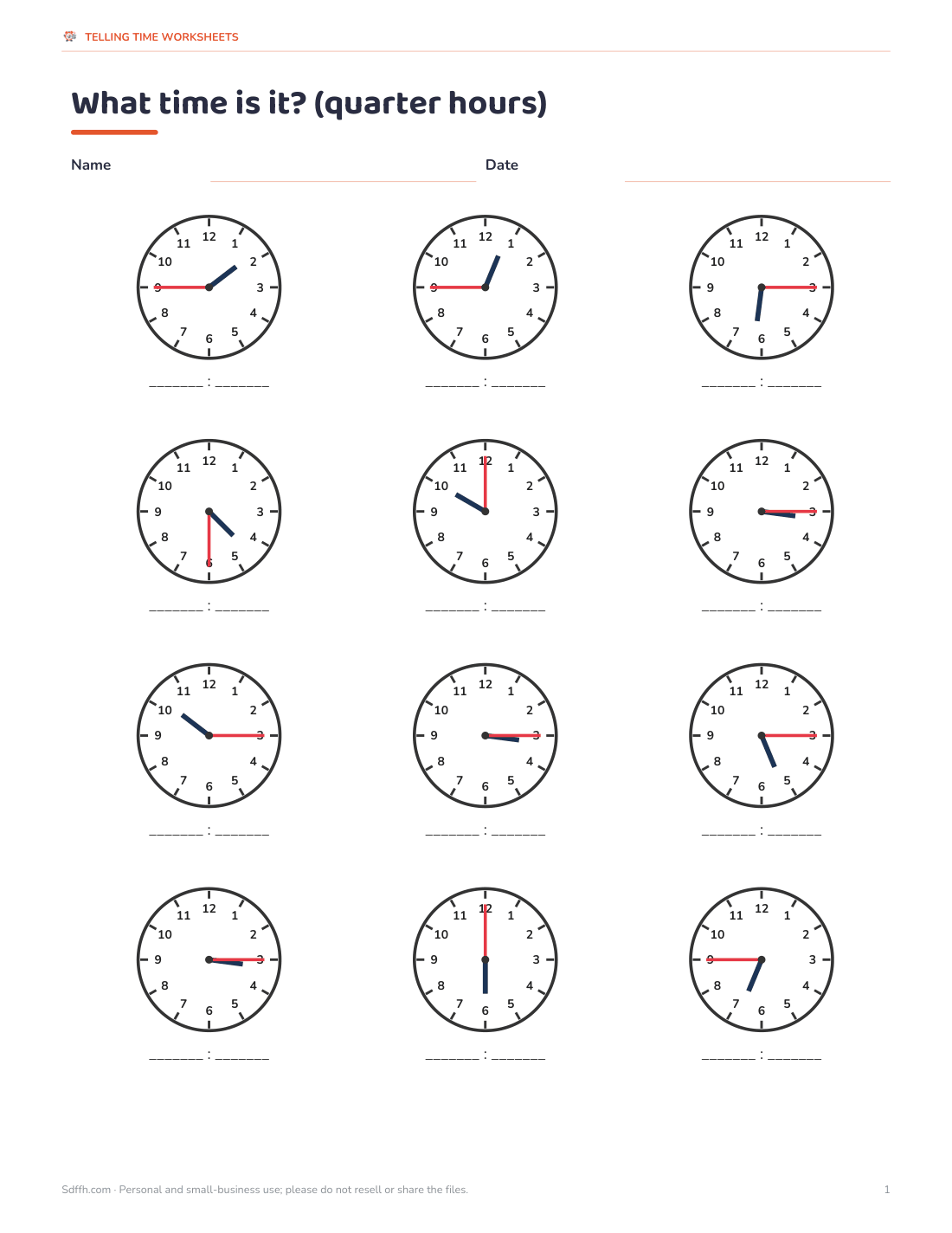 Preview of the first page of Read the clock: Quarter Hours