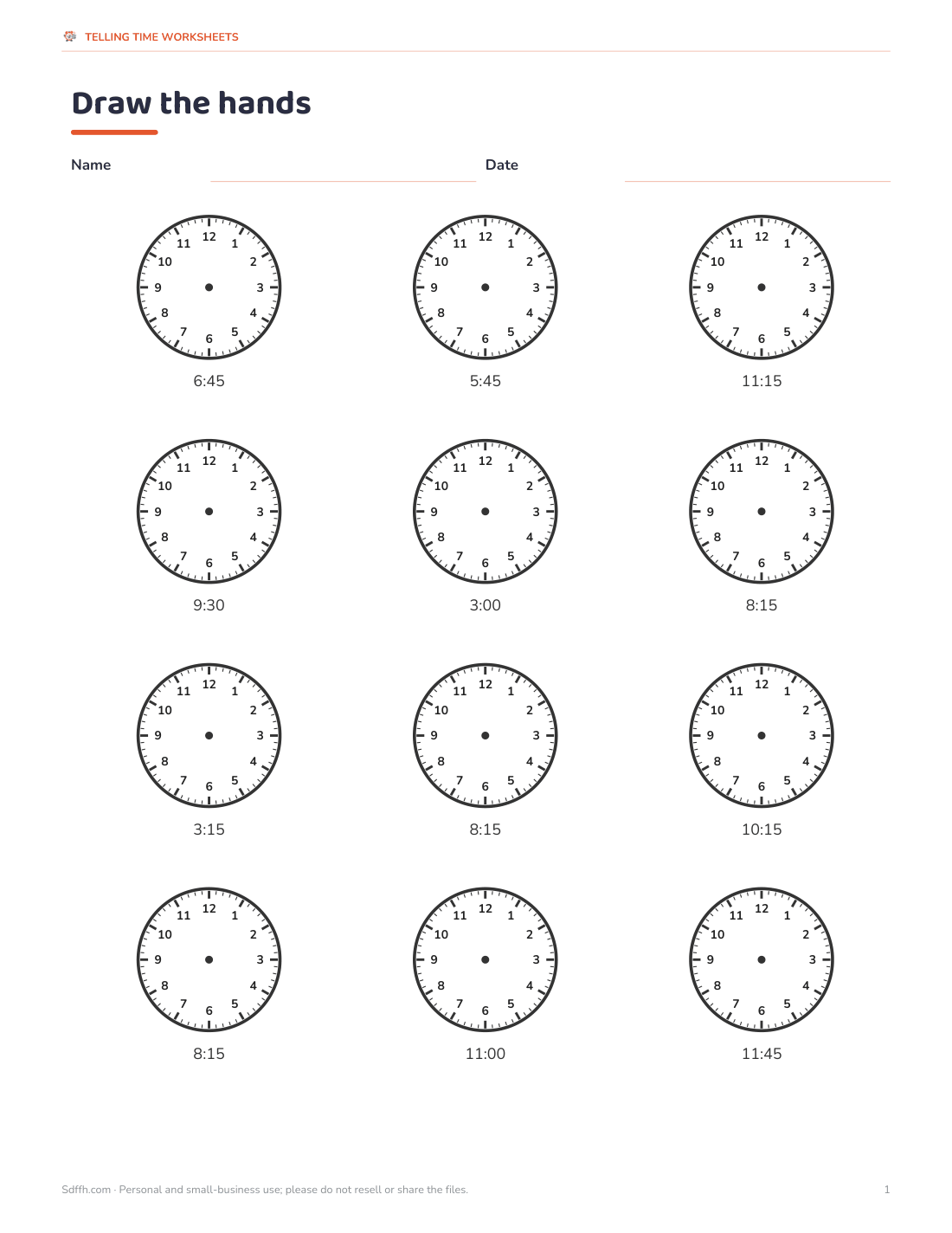 Preview of the first page of Draw the hands: Quarter Hours